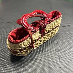 Brighton Woven Straw Handbag With Red Leather Heart Handles & Floral Lining